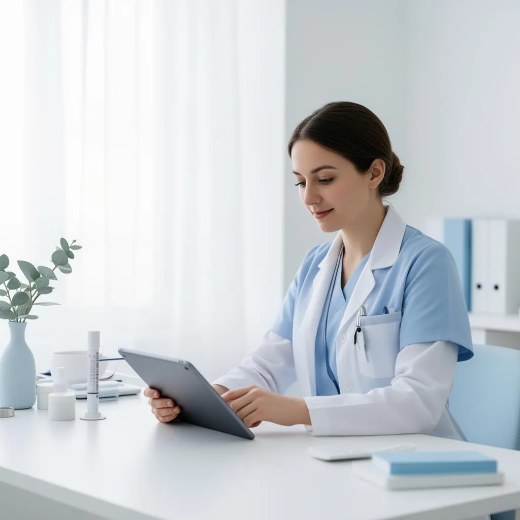 Infirmier libéral consultant les échéances de ses ordonnances sur une tablette.