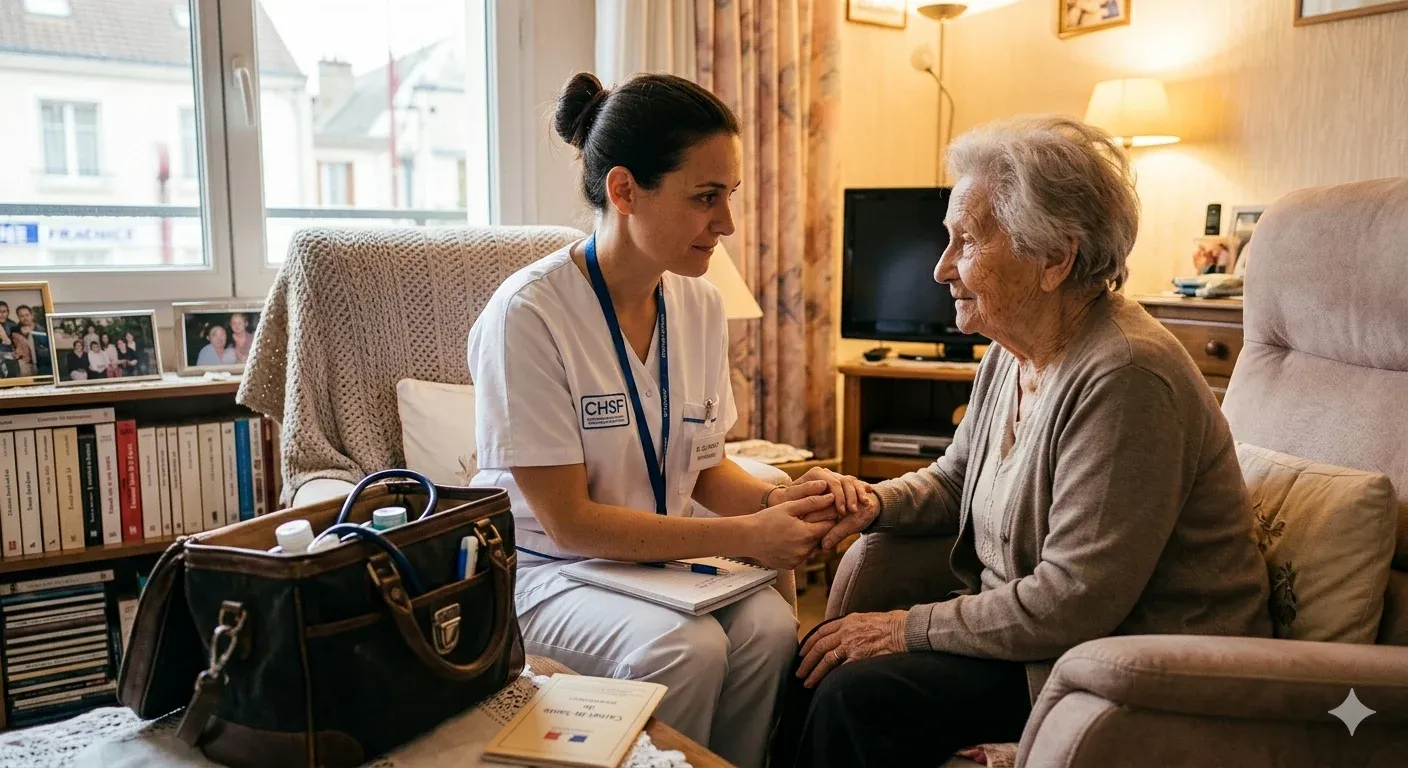 Infirmière libérale en visite à domicile tenant la main d'une patiente âgée, soins infirmiers à domicile avec sac médical