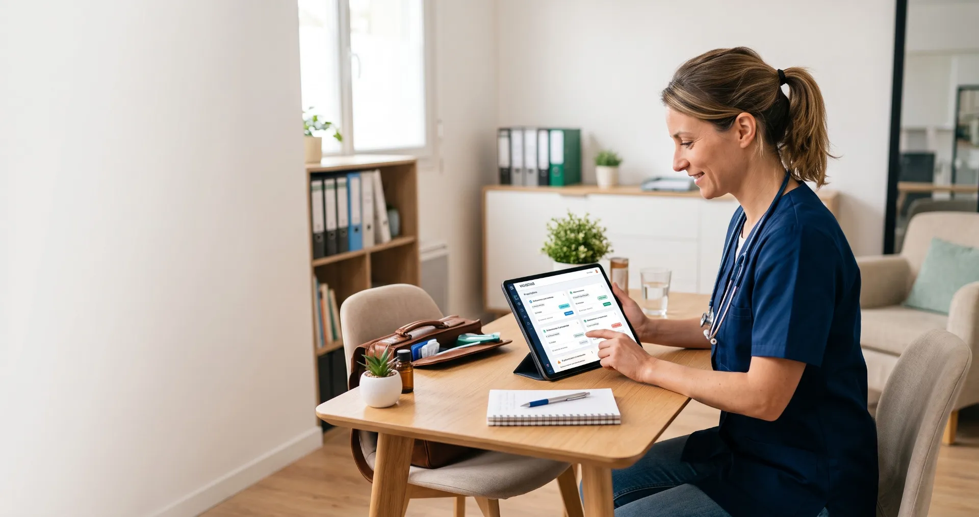 Infirmière libérale consultant le suivi de ses ordonnances sur une tablette VIGISOINS.