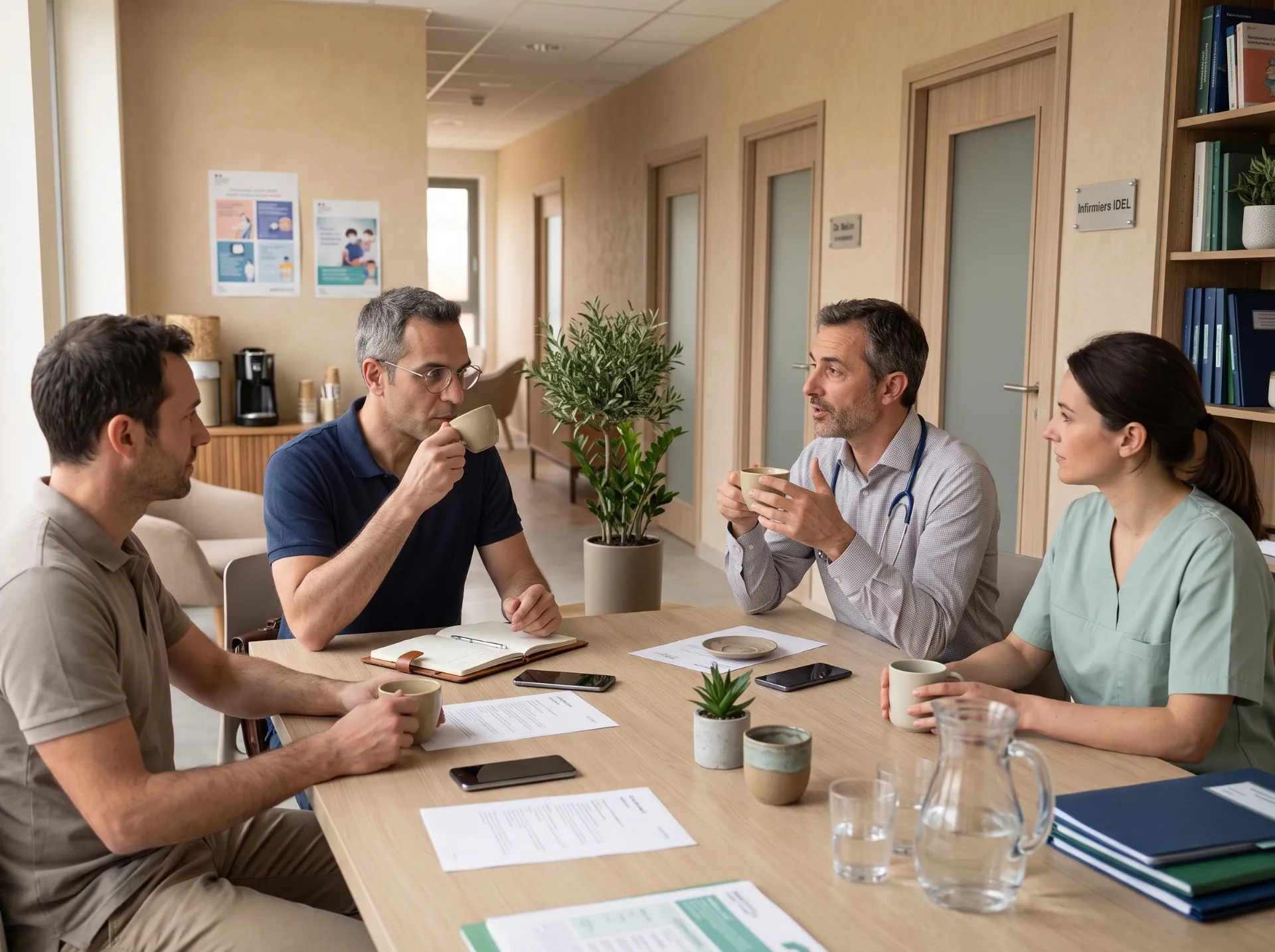 Professionnels de santé échangeant autour d’un café dans une Maison de Santé Pluriprofessionnelle.